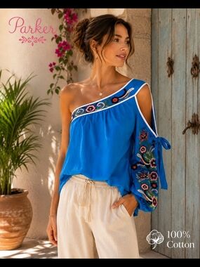 Parker Women’s Boho Floral Embroidered One Shoulder Top Blue Size M